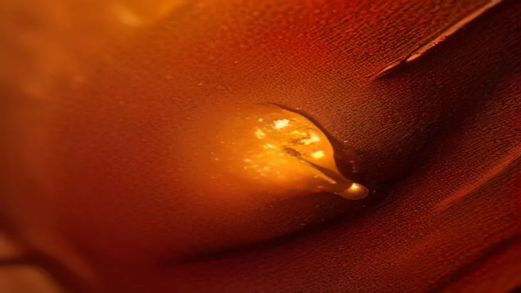 Macro close-up of acacia tree bark with a natural crack releasing amber sap resin droplets, the raw source of Arabic Gum