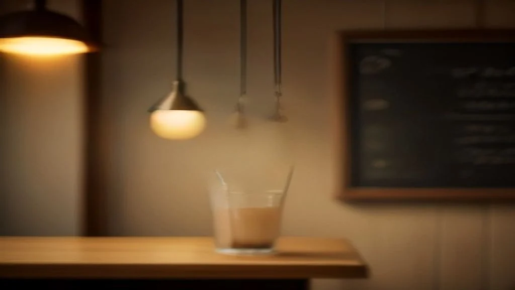 Empty café counter with two iced drinks under warm pendant lighting and a blurred chalkboard menu in the background
