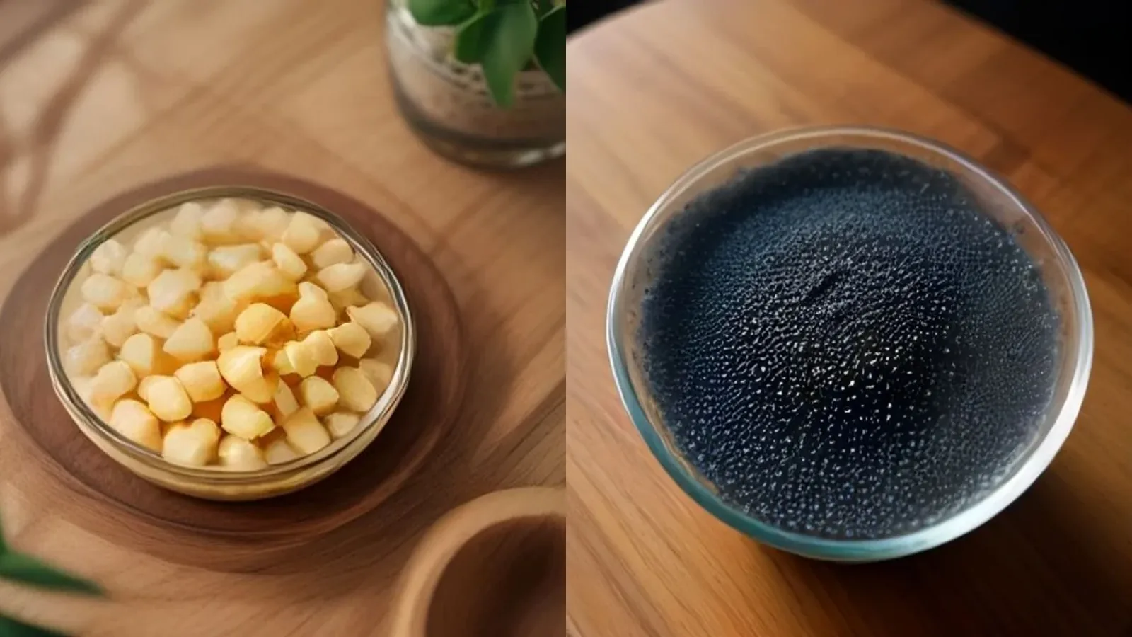 Mangkuk hablur Gam Arab direndam dalam air di sebelah mangkuk biji chia hitam direndam dalam air membentuk gel, bersebelahan