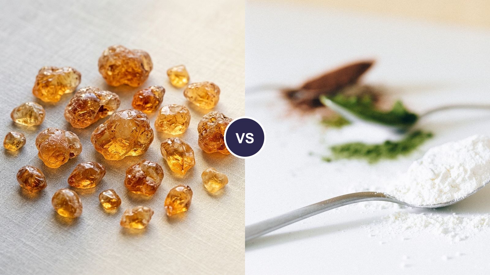 Arabic gum resin crystals compared side-by-side with another soluble fibre supplement powder on a spoon