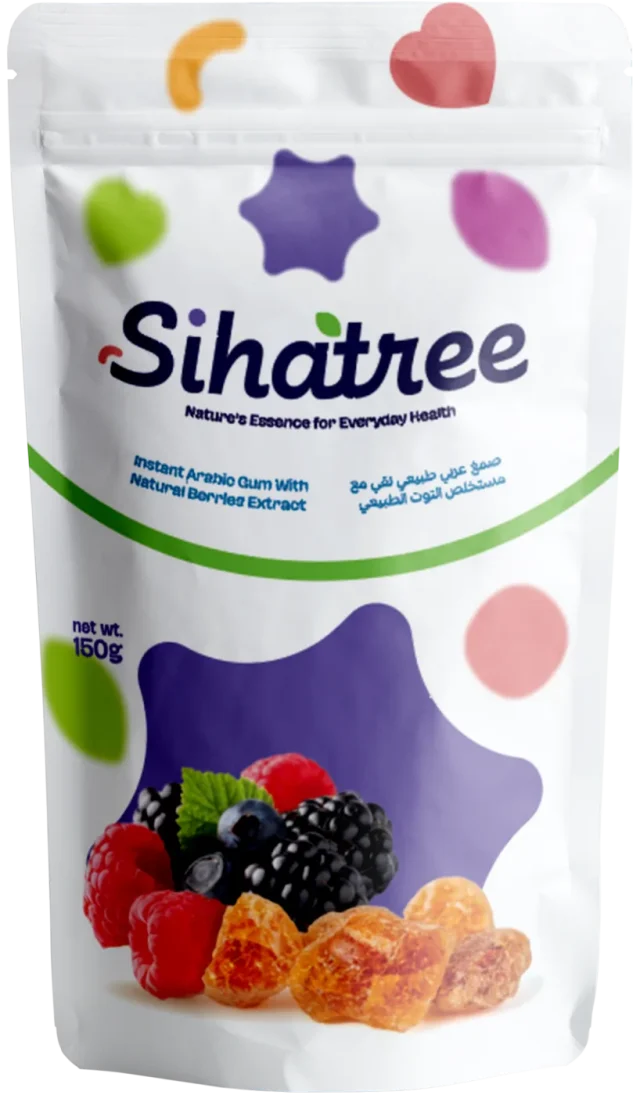 A pouch of Sihatree Arabic gum powder, Berry Blend flavour